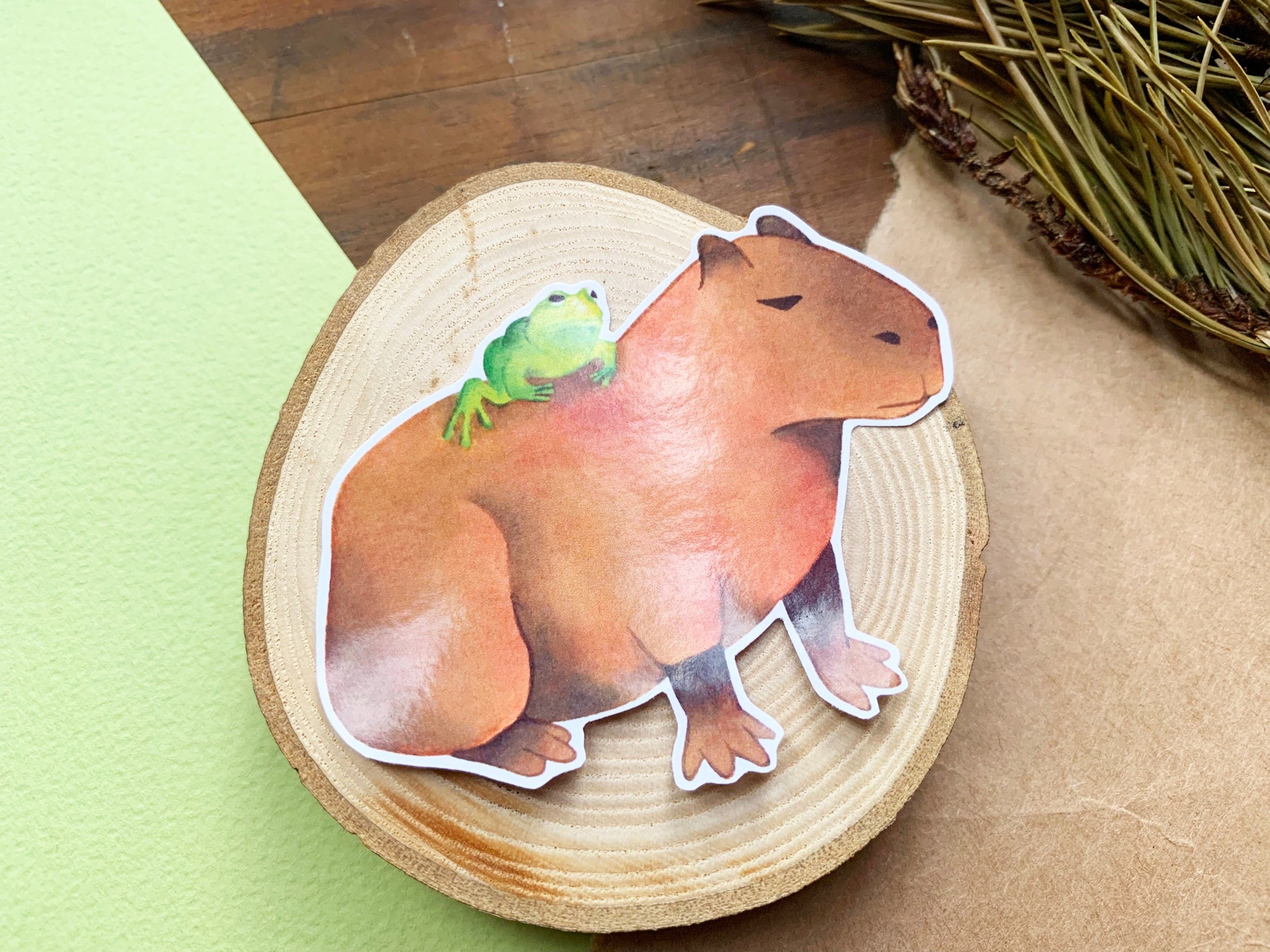 Unbothered Frog on an Unbothered Capybara Gloss Sticker, Funny Frog and Capybara Meme Gift for Animal Lovers, Cute Rare Animal Stationery