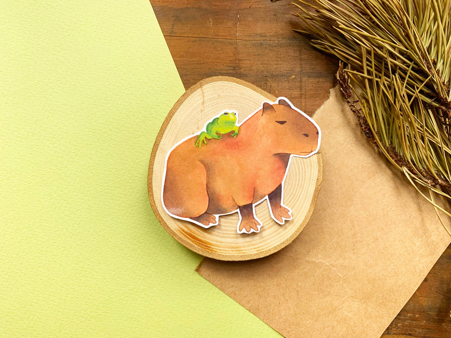 Unbothered Frog on an Unbothered Capybara Gloss Sticker, Funny Frog and Capybara Meme Gift for Animal Lovers, Cute Rare Animal Stationery