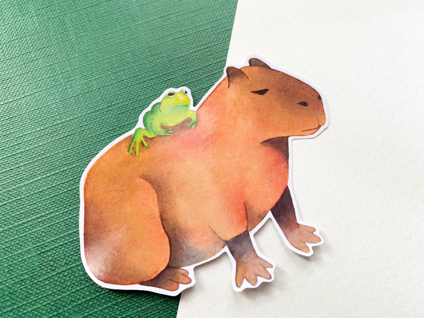 Unbothered Frog on an Unbothered Capybara Gloss Sticker, Funny Frog and Capybara Meme Gift for Animal Lovers, Cute Rare Animal Stationery