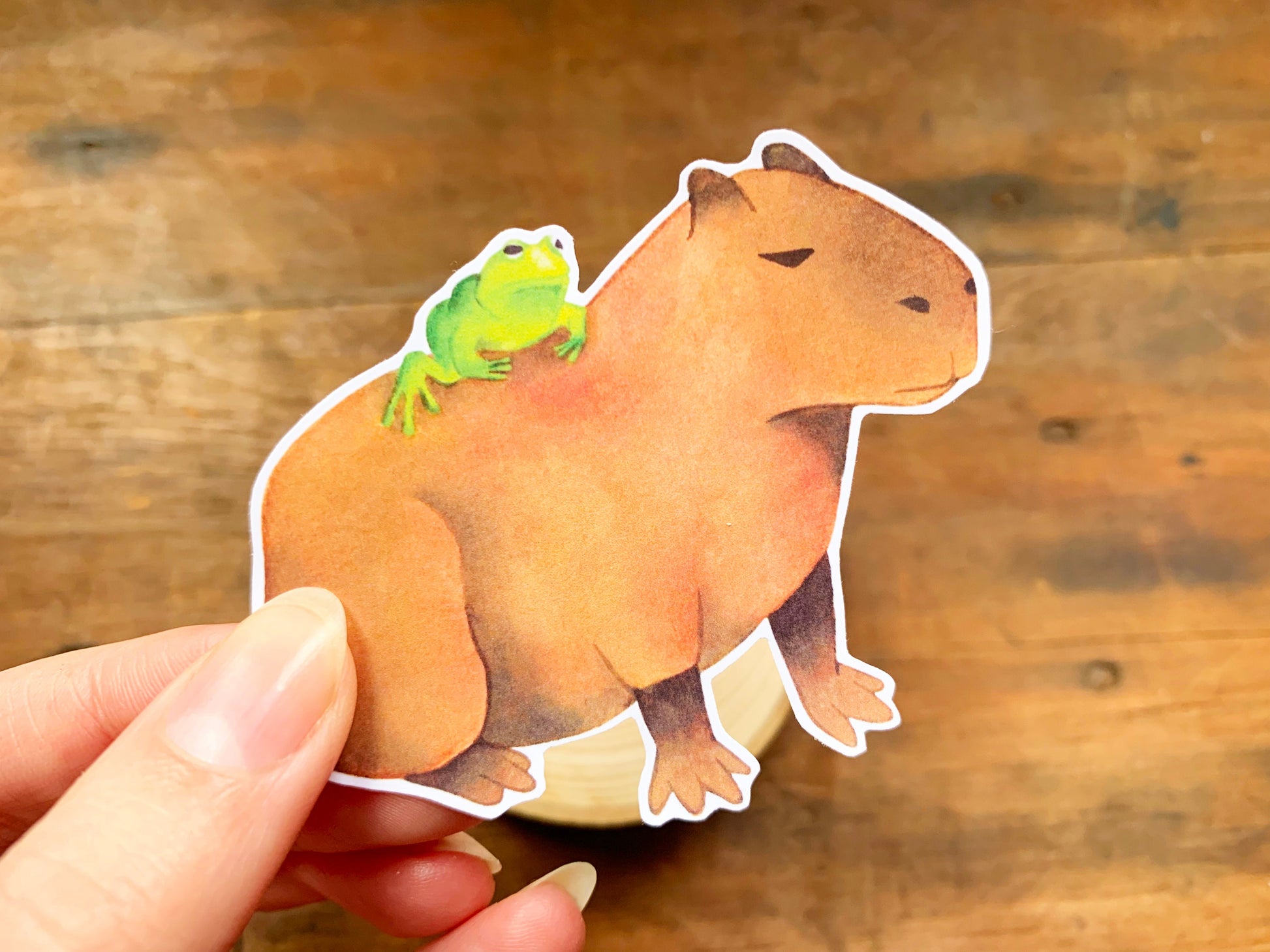 Unbothered Frog on an Unbothered Capybara Gloss Sticker, Funny Frog and Capybara Meme Gift for Animal Lovers, Cute Rare Animal Stationery